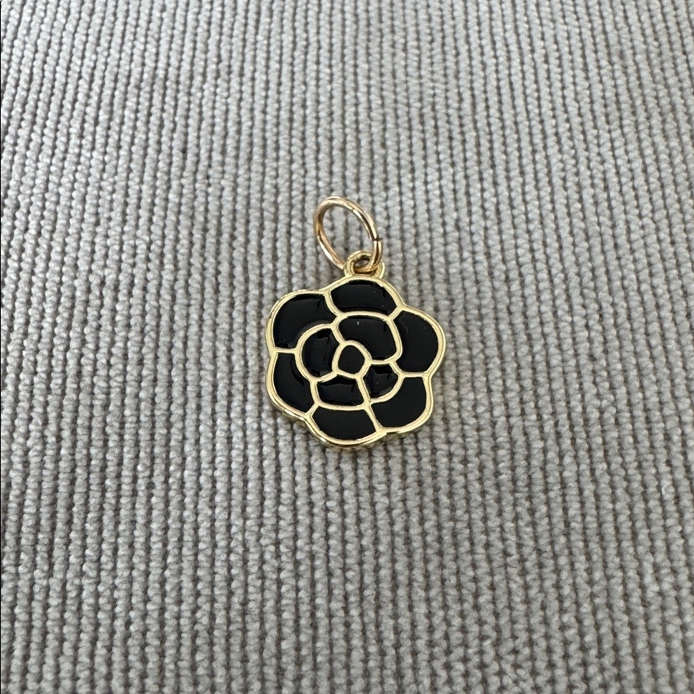 14k Gold Filled Black Enamel Camellia Flower Charm Pendant